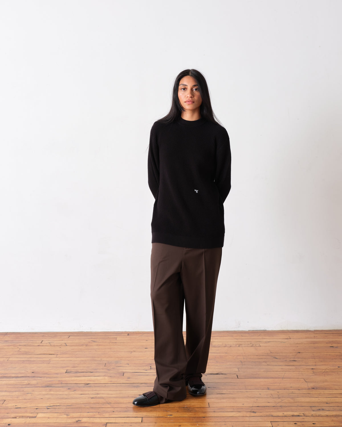 Waffle Knit Pullover in Black