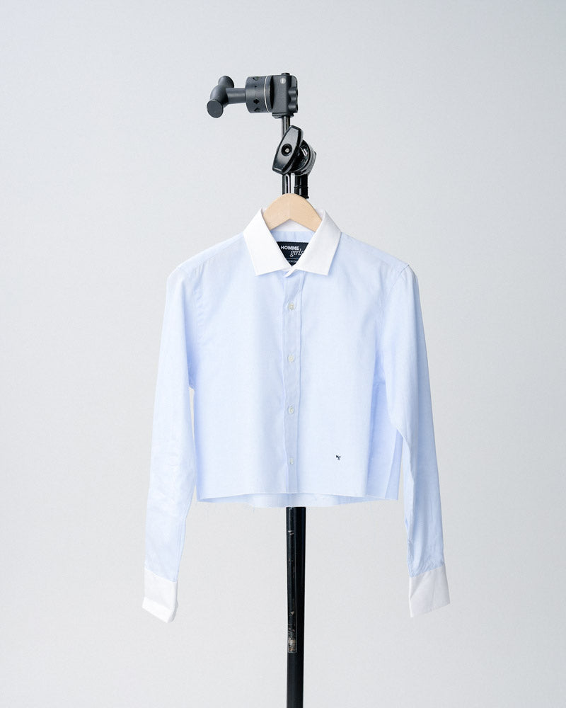 Cropped Shirt in Chambray Blue with Contrast Collar